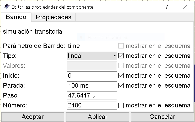 Ajustes de la simulación transitoria